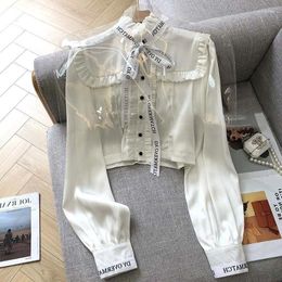 Women's Blouses French Fragrance Half High Neck White Shirt Women Fashion Letter Ribbon Bow Temperament Solid Short Spring Autumn Lady Sweet