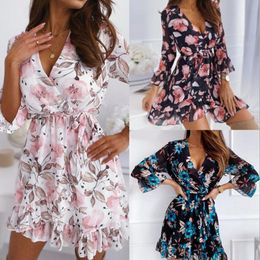 Casual Dresses Sexy V Neck Floral Print Self Tie Wrap Dress Mini Women Boho Ruffle Hem Flare Sleeve Summer Vestidos Mujer Verano FemmeCasual