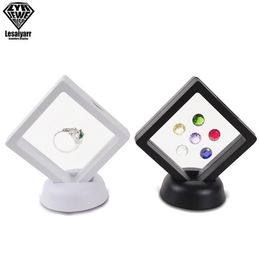 Black White Plastic Suspended Floating Display Case Earring Coin Gems Ring Jewelry Storage Pet Membrane Stand Holder Box 7 7 2cm244f