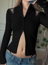 Women's T Shirts Apprabant Black Slim Fitting Cardigan T-shirt Hollowed Out Lace Up Turtleneck Double Zipper Sexy Spicy Girl Long Sleeved