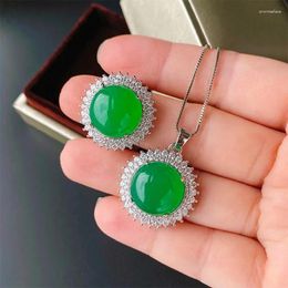 Pendant Necklaces Jewelry Sparkling Fluorescent Round Green Chalcedony Temperament Set Female Birthday Gift 14
