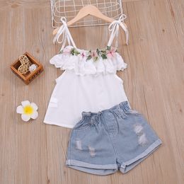 Clothing Sets Summer Thin Suit Flower Decoration Sling Top Denim Shorts 2Pcs Children s Girl 230412