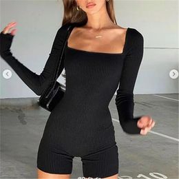 Bustier Set Womens Jumpsuit tight sexy long sleeved shorts square neck low cut Activewear Active Sets For Girls Knitted Sling vest shorts set fashion sexy sports