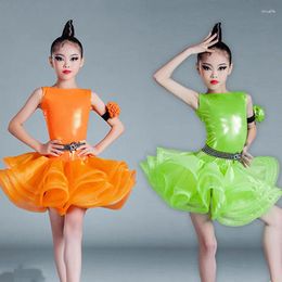 Stage Wear Fluorescent Color Gauze Latin Dance Dress Girls Sleeveless Ballroom Competition Dresses Kids Costume SL5426