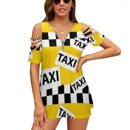 Women's T Shirts York Yellow Taxi Cab Pattern Fashion Zip Off Shoulder Top Short-Sleeve Women Shirt Taxis