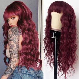 Trendy Borgonha Red Loose Deep Wair Human Hair Wigs Com Bangs Machine Feed Wine Red Hair Nenhuma perucas de renda para mulheres de moda