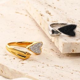 Wedding Rings Simple Double Heart Open With Cubic Zirconia Fashion Gold Colour Stainless Steel Jewellery For Woman Girlfriend Gift