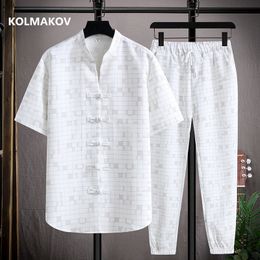 Men's Tracksuits Shirt trousers summer Chinese Style men shirt Cotton Plaid shirts men's casual elastic waist shirts men size M-5XL 230412