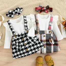 Clothing Sets Autumn Winter Toddler Kids Clothes Girls Ruffles Long Sleeve Knitted Bodysuits Tops Plaid Suspender Button Dress Headband 230412