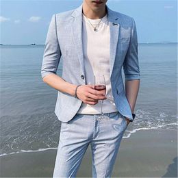 Men's Suits Summer Half Sleeve Set 2PCS/Set Slim Fit Beach Men Costume Classic Plaid Party Boys Jackets With Pants Korean Setup