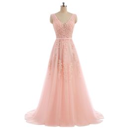 FADISTEE Vestido De Festa Sweet pink Lace V-neck Long Evening Dress Bride Party Sexy Backless beads pearls Prom Dresses lace-up