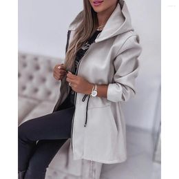 Women's Jackets Elegant Autumn Women Pocket Zipper Design Drawstring Hooded Coat Femme Solid Long Sleeve Jacket Casual Fashion Outfits