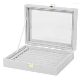 Jewellery Pouches Velvet Glass Ring Earring Display Organiser Box Tray Holder Storage Case Grey