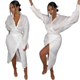 Casual Dresses African Clothing White Shirt Dress For Women 2023 Autumn Sexy Slim Slit Mid Skirt Irregular Club Full