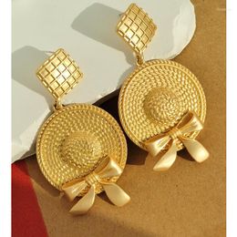 Dangle Earrings Retro Bow Straw Hat Gold Color Metal Long Drop Simple For Women Jewerly Geometry 2023 European And American Personality