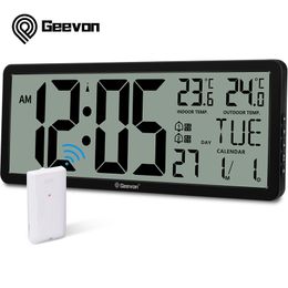 Wall Clocks Geevon 143"Large Digital LCD Atomic with Dual Alarm Indoor Outdoor Temperature 44" Digits For Bedroom 230412