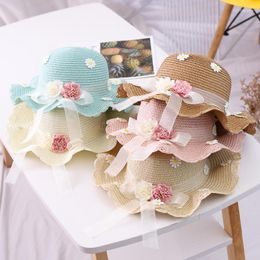 Hats Girls Straw Hat Summer Woven Ribbon Flower Outdoor Beach Sun Fisherman Cap Sunscreen Bonnet Shoulder Bag