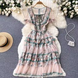 Women Basic Casual Dresses Luxury Fashion Summer Mesh Long Dress Chic Elegant Women Square Collar Layers Ruffles Flower Print Lace Up Cake Party Vestidos 2024