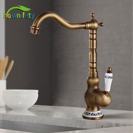 Kitchen Faucets Antique Brass Cold Mixer Tap Single Hole Bathroom Rotatable crane Blue and white porcelain handle 230411