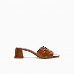 Nxy Sandals Womens Heeled Leather Brown Summer Crossed Squared Toe Block Heel Slides Feamale Casual Heels 230406