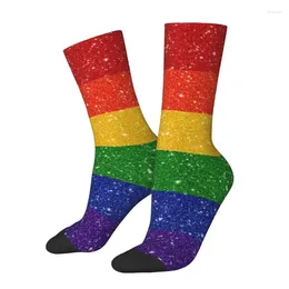 Men's Socks Kawaii Faux Glitter Rainbow Pride Flag Dress Unisex Warm Comfortable 3D Printed LGBT Gay Lesbian Crew