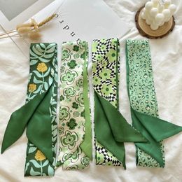 Scarves Green Floret Printed Hairband Silk Satin Bag Scarf Skinny Headbands Long Wrist Ribbon Hair Scarfs For Women