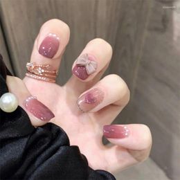 False Nails Gradient Pearl Bowknot Peach Heart Wearing Nail 2023 Short Square Head Display White Fake Finished