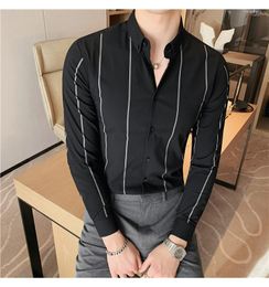 Men's Dress Shirts 5XL-M Men Shirt High Elastic Seamless Quality Slim Long Sleeve Stripe Luxury Banquet Social Formal For