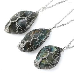 Pendant Necklaces Natural Labradorite Hand Woven Tree Of Life White Copper Wire Wrapping Irregular Stone Creative Necklace Jewelry