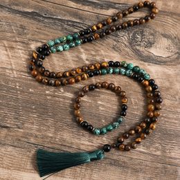 Pendant Necklaces 8mm Yellow Tiger Eyes Turquesa Africana Black Onyx Japamala Set Meditation Yoga Spirit Jewellery 108 Mala Beaded Tassel Necklace 230412