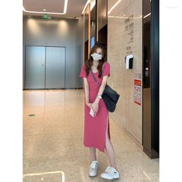 Casual Dresses Women Summer Solid Dress Midi O'neck Short Sleeve Side Split For Girls Young Ladies