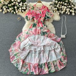 Palace Style Noble and Elegant Temperament Dress New Fairy Chiffon Printed Waist Shrinking Holiday Dress