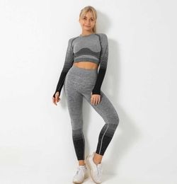 Sports Wear Yoga Leggings Set Long Sleeves and Shortbra 2pcs Striped Fitness Clothing Yoga Tracksuit Elastic Gym Clothes Y201128