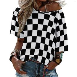 Women's T Shirts Black And White Chequered Lotus Leaf Neck T-Shirt Long Sleeve Women's Shirt Elegant Fashion Tops & Tees