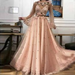 Party Dresses Muslim Color Pearl 3D Floral Ball Dress Long Sleeve Evening Jewelry Nape Illusion Custom Vestidos De Fiesta Formal