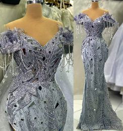 2023 April Aso Ebi Mermaid Silver Prom Dress Beaded Crystals Evening Formal Party Second Reception Birthday Engagement Gowns Dresses Robe De Soiree ZJ520