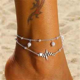 Anklets Bohemian Fashion Multilayer Anklet Women Heart Wave Pearl Tag Pendant Ankle Bracelet Foot Chain On Leg Sandal Beach Jewellery