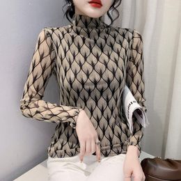 Women's T Shirts Turtleneck Shirt Women Vintage Tight Elasitc Mesh Printed Female Slim Plush Sexy Women's T-shirt Spring Autumn