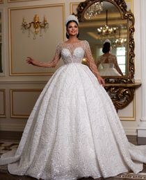 Sparkly Ball Gown Wedding Dresses Long Sleeves V Neck Sequins Appliques Ruffles Bridal Gowns 3D Lace Beaded Formal Dress Plus Size Custom Made Vestido de novia