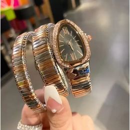 fashion Luxury lady Women Watch gold snake Wristwatches Top brand diamond Stainless Steel band Quartz Watches for ladies Christmas Day Gift Bracelet two needle