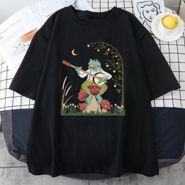 Men's T Shirts Summer Anime Shirt Cute Vintage Male Aesthetic Frog Playing Banjo On Mushroom Cottagecore Oversize Tee Clothes