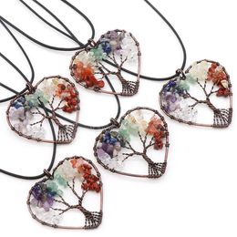 Natural Stone Gravel Tree Of Life Pendant Necklace Colorful Heart Charms Long Rope Necklaces For Women Jewelry Crafts