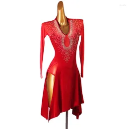 Stage Wear Standard Latin Dance Skirt Women Rhinestone Red Color Rumba Samba Game Dress Adult Long Sleeve Competition Dancing Dresses