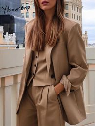 Womens Two Piece Pants Yitimuceng Loose 3 Sets Office Wear Women Fashion Long Sleeve Blazers Chic Button Up Vests Vintage Pant Suits 231110