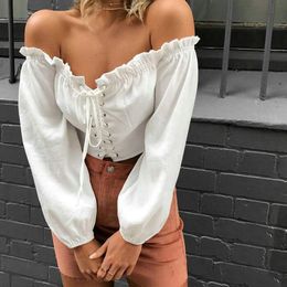 Women's Blouses & Shirts 2023 Summer Off Shoulder Sexy Women Blouse Shirt Lace Up Long Sleeve White Solid Short Bandage Cropped Tops Orange