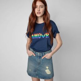 23 Summer New French Popular Women's T-Shirt Zadig Voltaire Contrast Letter Rainbow Print Round Neck Royal Blue Women's Short Sleeve T-Shirt