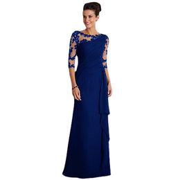 Black Evening Mother of the Bride Dresses With 3/4 Sleeves Appliques Chiffon Royal Blue Mother Party Guest Prom Gowns