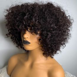 Short Curly Bob With Bangs Water Wave Human Hair Wigs For Women Pre Plucked Peruvian Glueless None Synthetic Lace Front Wig