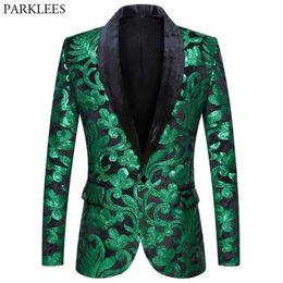 Men's Suits Blazers Shiny Green Floral Sequin Tuxedo Blazers Men One Button Shawl Collar Dress Suit Jacket Party Dinner Wedding Prom Singer Costume 231110