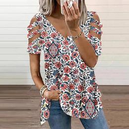 Women's T Shirts Women Summer Cold Shoulder Tie Dye Short Sleeve Blouse Ladies Casual V Neck Straight Tunic Tops T-Shirt For 2023